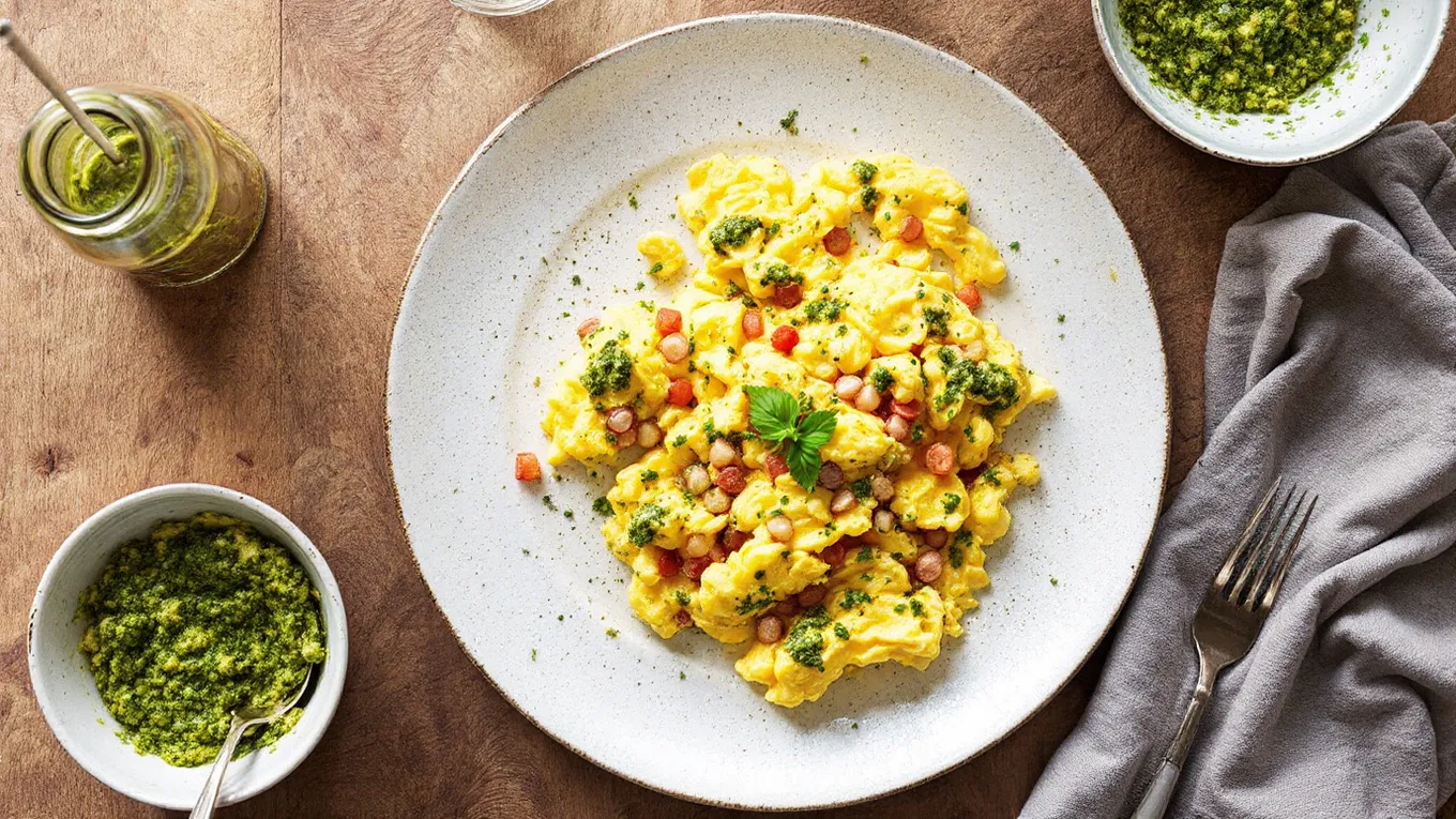 Super Eggy Scrambled Eggs with Oregano Pesto